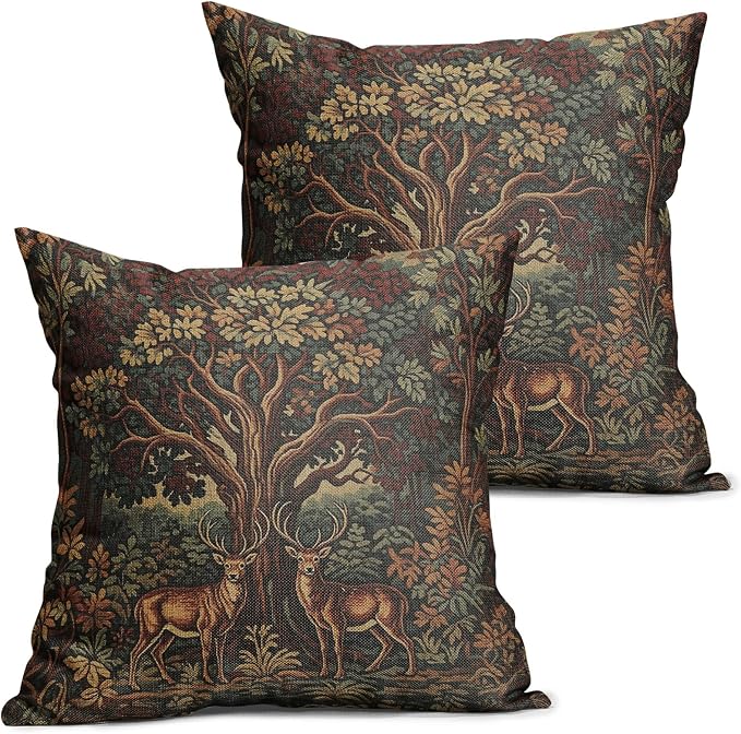 Forest Deer Pillow Covers 18X18 Inch Set of 2 Nature Burnt Orange Green Tree Animal Decorative Square Pillow Cases Aesthetic Rustic Botanical Cushion Case Farmhouse Home Decor for Sofa Couch
