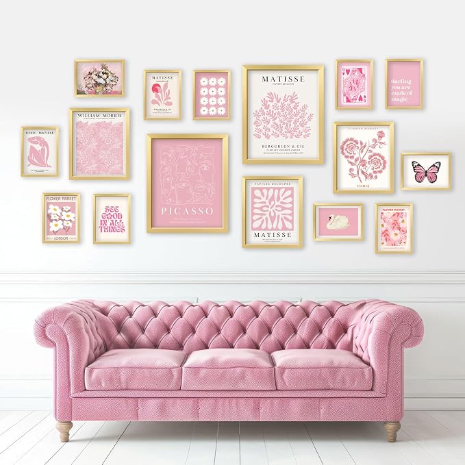 16 PCS Framed Pink Wall Art Decor, Matisse Wall Prints for Bedroom, Gallery Wall Frame Set, Minimalist Posters for Living Room Aesthetic, Collage Kit, Teen Girls Dorm Home Artwork