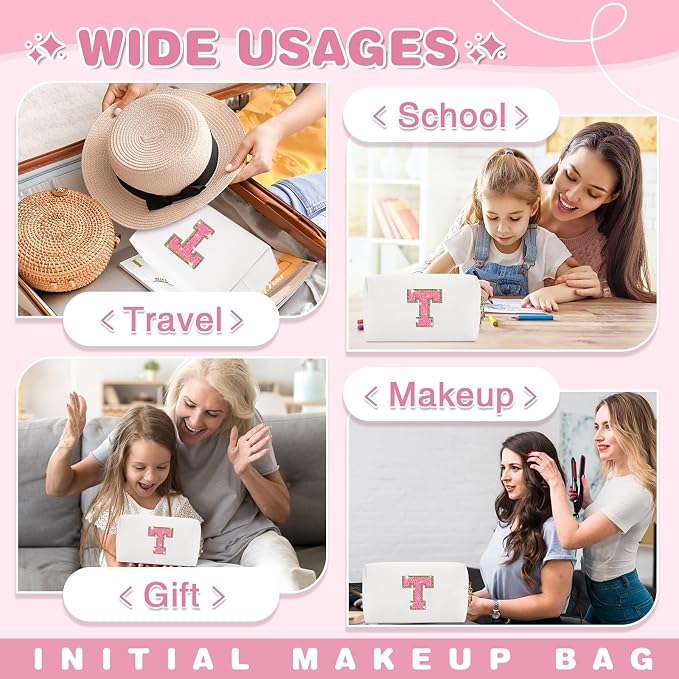 Small Personalized Initial A-Z Patch Makeup Bag,White Cute PU Leather Glitter Letter Cosmetic Bag for Teen Girls,Travel Toiletry Bag with Zipper,Preppy Monogrammed Birthday Gift for Daughter Niece T