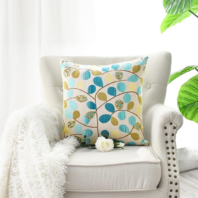 CaliTime Decorative Throw Pillow Covers 20 X 20 Inches Ecru Teal | Luxury Chenille Cute Leaves Cushion Case Shell for Couch Sofa Bed Living Room Home
