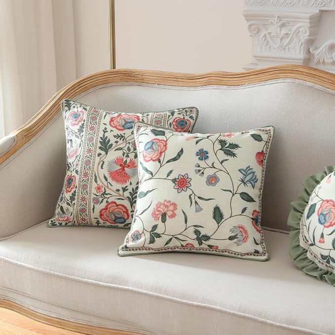 Designer Linen Throw Pillow Cover,Set of 2,18"x18"-Estevan A | Vintage French Elegant Square Pillow Cover,Concealed Zipper Design,Floral Pattern,Sofa,Bedroom,Living Room,Lounge Chairs
