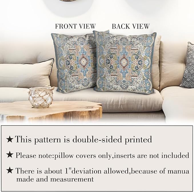 Boho Floral Throw Pillow Covers 20x20 inch Set of 2,Blue Boho Rug Geometric Floral Pattern Decor Double Sided Pattern Cushion Cover Soft Pillow Case Living Sofa Room Bed Square Pillow Cover