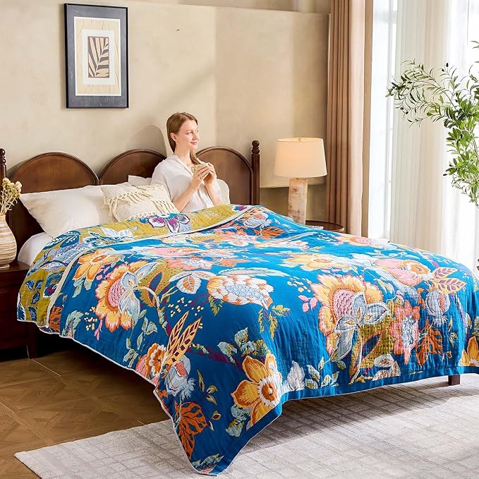 XIBLC Boho Throw Blanket, Blue Lightweight Blankets for Summer, 100% Cotton Bohemian Decorative Throw Blanket, 80"x90" Reversible Muslin Breathable Woven Farmhouse Blankets Quilt,