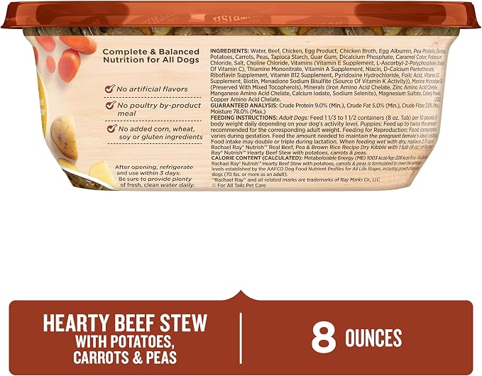 Nutrish Hearty Beef Stew Wet Dog Food, 8 oz. Tub (Pack of 8) (Rachael Ray) | Made with Potatoes, Carrots & Peas, No Artificial Flavors, No Added Corn, Grain, Gluten or Soy Ingredients