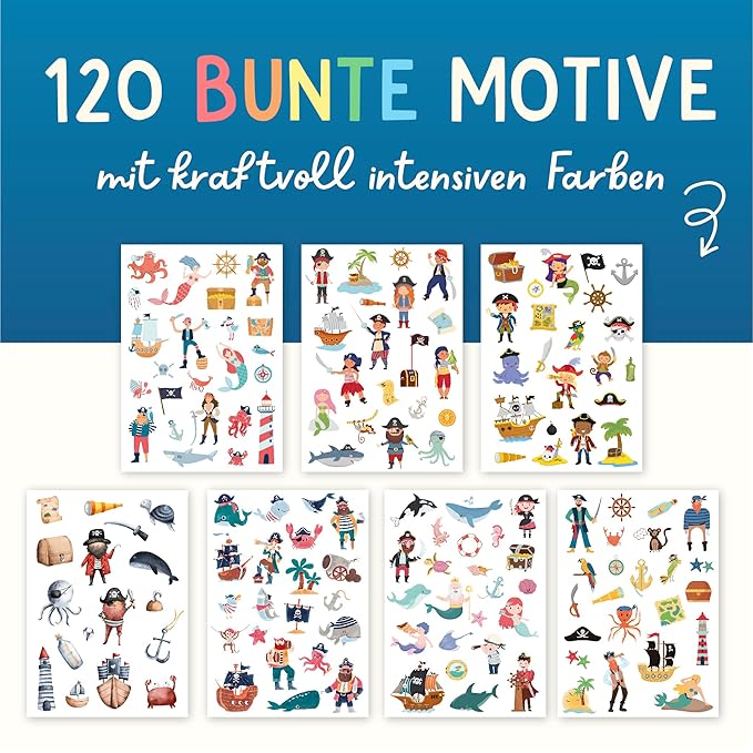 120 Skin-friendly Kids Tattoos - Dermatologically Tested & Rated VERY GOOD - Made in Germany - Our Temporary Tattoos for Kids (Pirates Theme)