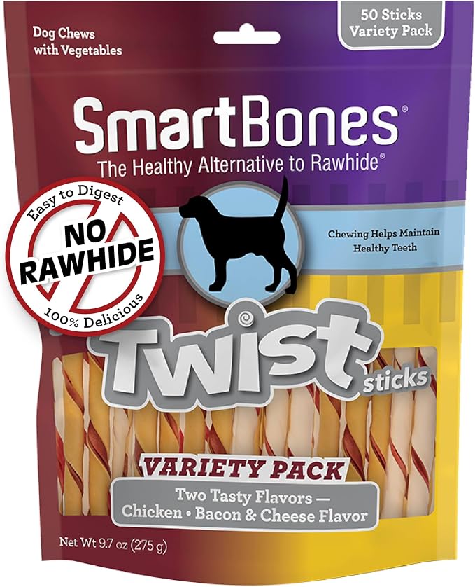 SmartBones Twist Sticks Rawhide-Free Dog Treats, Variety Pack, 50 Count | Chicken & Bacon or Cheese Flavor, Easy To Digest Chew, Vitamin & Mineral Enriched, Maintains Healthy Teeth, For Adult Dogs