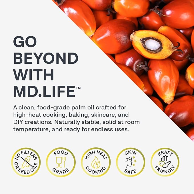 MD.LIFE PALM OIL - 32oz - Sustainable Food Grade Palm Oil for Cooking - Cold Pressed - Fatty Acids & Beta Carotene - Great for Soap Making Supplies, Cooking Oil, Creams and Lotions