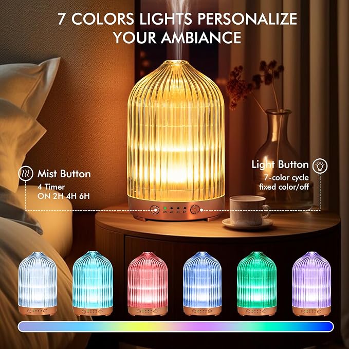 Essential Oil Diffuser for Home- 200ml Aromatherapy Diffuser for Essential Oils with 4 Timer, 7 Color LED Lights Waterless Auto Shut-Off for Home Office Décor Gifts for Women