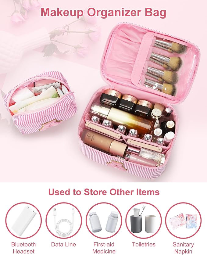 MONSTINA Initial Makeup Bag with Brush Holder and Divider,Birthday Gifts for 4 5 6 7 8 9 10 11 12 Year Old Girls, Personalized Preppy Cosmetic Bag |Cute Toiletry Bag,2PCS,Pink J