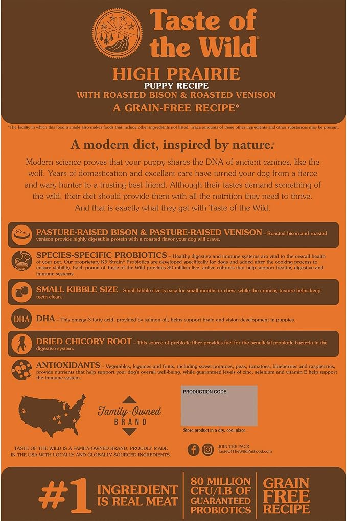 Taste of the Wild High Prairie Puppy Dry Dog Food, Roasted Bison, 14lb | Puppy, Adult & Senior Dogs | Grain Free Recipe* | Nutrient Dense to Help Support Peak Health | Guaranteed DHA & Probiotics