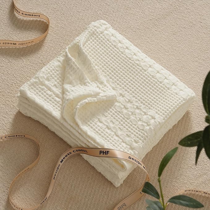 PHF 100% Cotton Waffle Weave Throw Blanket, Lightweight Breathable Summer Blanket for Couch Sofa, Pre-Washed Soft Throws for Bed, Office, Travel & Stylish Home Decor, 50"x60", Cannoli Cream