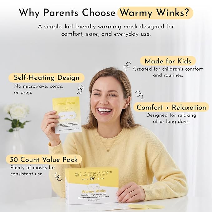 GlamBaby Warmy Winks Self-Heating Eye Mask for Kids – Heated Warm Compress for Dry Eyes, Irritation & Puffiness – Disposable Eye Mask for Children’s Eye Relief & Relaxation (30 Individual Units)