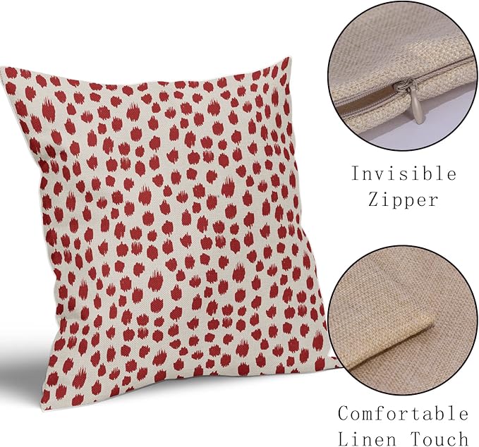Red Cream Pillow Covers 16x16 Set of 2 Boho Design Polka Dot Throw Pillows Modern Brush Strokes Print Decorative Outdoor Pillowcase Square Cushion Cover Linen Pillow Case for Home Sofa Couch Bed