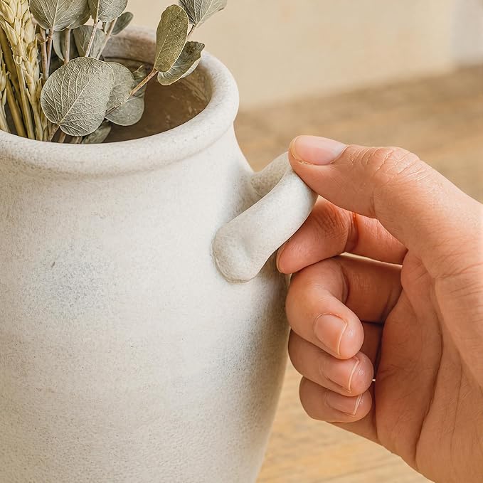 DREAMLOOM 7.2 Inch Ceramic Flower Vase, White | Double Handles, Farmhouse Vintage, Pottery Terracotta, Home Decor, Living Room Dining Table Wedding Centerpieces