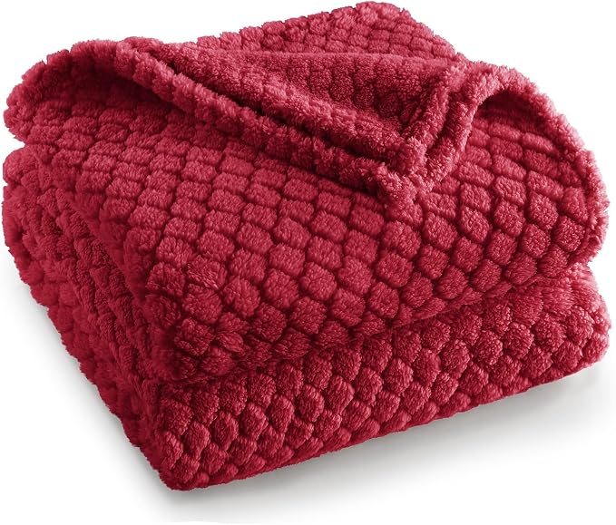 Exclusivo Mezcla Soft Fleece Queen Size Blanket for Bed, Deep Red | Jacquard Lightweight Cozy Bed Blanket, Breathable Decorative Fuzzy Textured All Season Use, 90x90 Inches