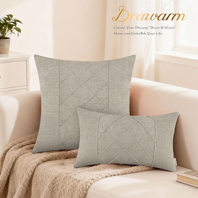 BRAWARM Chenille Throw Pillow Covers 20x20 Inches, Taupe, 2 Pack | Decorative Pleated Pillow Covers, Soft Cushion Cases for Sofa Bed Living Room Home Farmhouse (No Insert)