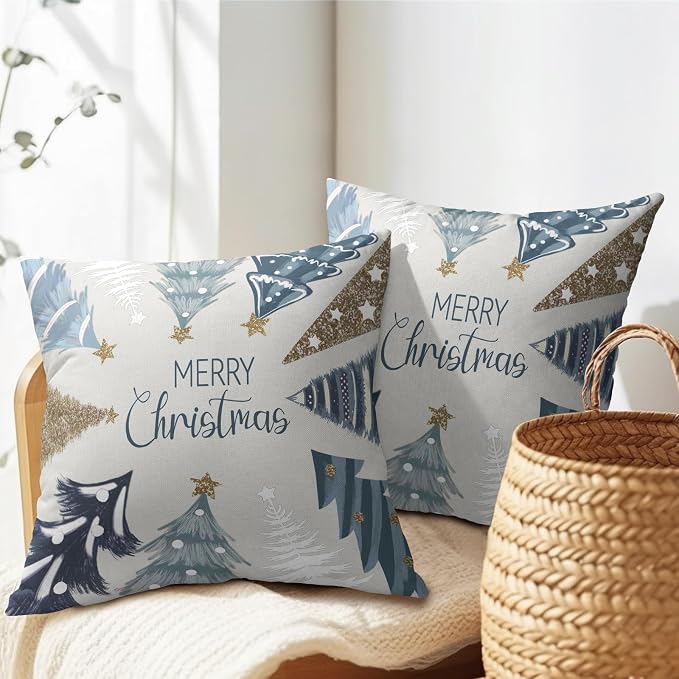 Kawani Merry Christmas Throw Pillow Covers 16 x 16 Inches, Set of 2 Blue White Xmas Trees Vintage Farmhouse Cotton Linen Square Pillowcases for Sofa Couch Bed Cushion Decoration