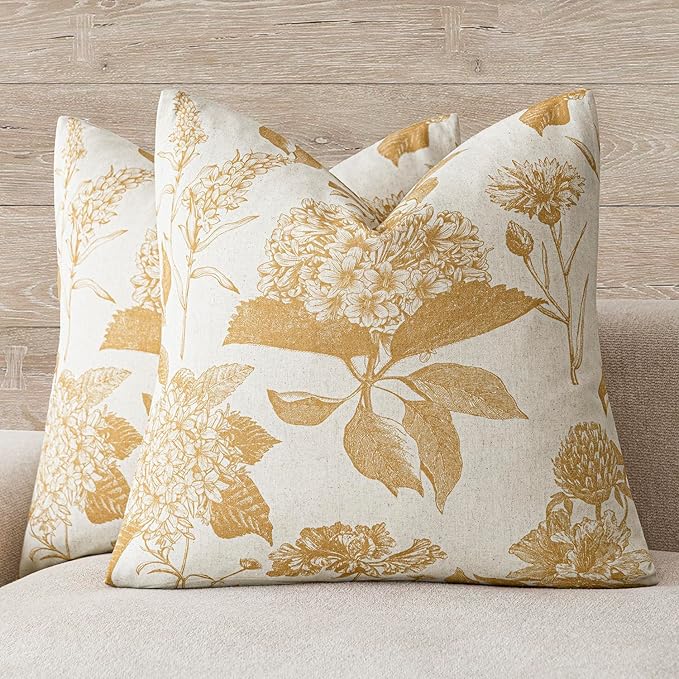 Foindtower Set of 2 Linen Floral Vintage Throw Pillow Covers Neutral Accent Print Decorative Cozy Cushion Covers Farmhouse Home Decor for Sofa Chair Couch Bed Living Room,22×22 Inch,Light Yellow