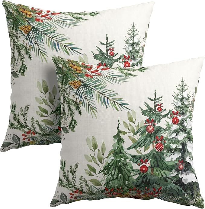 Kawani Christmas Tree Throw Pillow Covers Set of 2 Green Xmas Trees Branches Red Bells Farmhouse 16 x 16 Inches Cotton Linen Square Pillow Cushion Case for Sofa Couch Bedroom Balcony