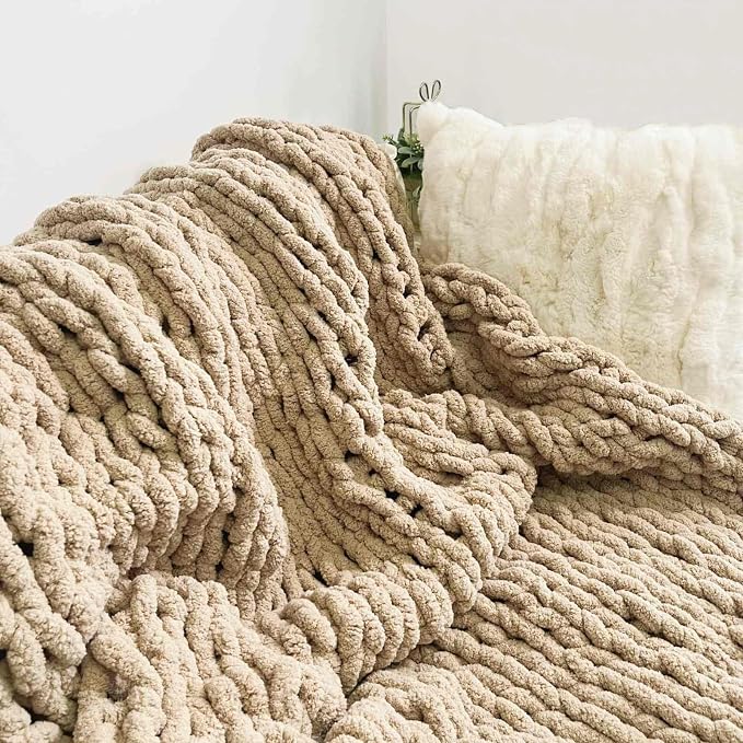 Soft Chunky Knit Throw Blanket for Couch, Cozy Warm Knitted Blankets | Hand Knit with Jumbo Chenille, Lightweight Warm Fluffy Decor for Women, Mom, Her & Girls, Sofa, Chair, Bed, 40"x60" (Tan)