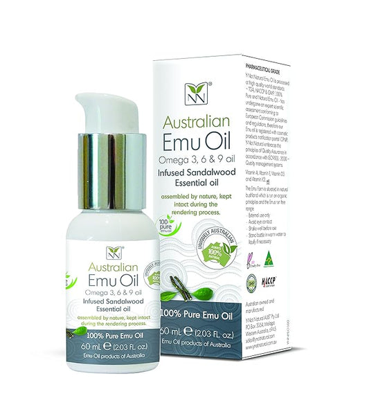 Y Not Natural Pure Emu Oil - Organic Moisture for Face, Body, Hair, Scalp & Nails - Rich in Omega 3-6-9, Vitamins & Essential Minerals - Australian Emu Oil (60ml) 2.03 fl oz - Sandalwood