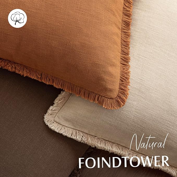 Foindtower Set of 2 Decorative Linen Fringe Throw Pillow Covers Cozy Boho Farmhouse Cushion Cover with Tassels Soft Accent Pillowcase for Couch Sofa Bed Living Room Home Decor, 22×22 Inch, Orange