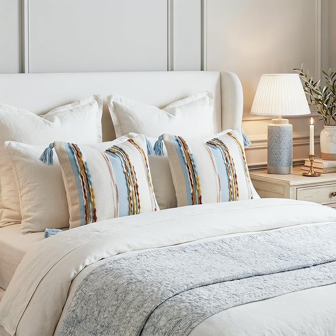 PANOD Chenille Farmhouse Throw Pillow Covers 18 x 18 Blue Brown, Neutral Boucle Couch Pillow Cover, Striped Decorative Boho Coushion Cover Pillow Case for Couch Bed Sofa Bedroom,Modern Accent,Set of 2