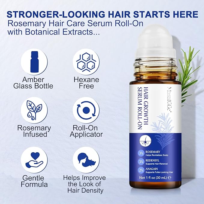 Hair Growth Serum Roll On, Hair Growth Serum Rosemary Oil Helps Hair Growth for Men and Women, Support Scalp Health, Fast-Absorbing, Non-Greasy (30ml)