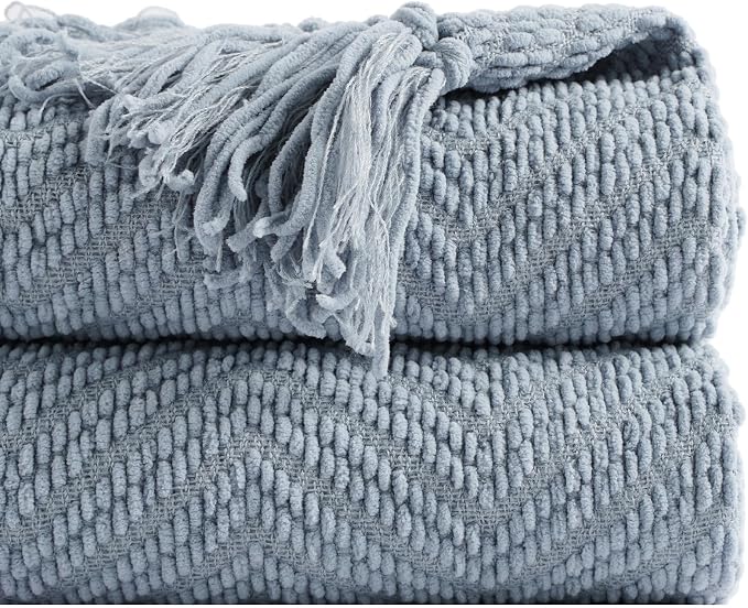 BATTILO HOME Blue Grey Throw Blanket for Couch, Knit Throw Blanket, 50"x60" | Super Soft Dusty Blue Throw Blanket with Tassels, Knit Blanket for Bed,Sofa and Living Room