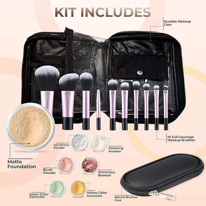 19 pc STARTER KIT w/BRUSHES & CASE (WARM Neutral Shade-Most Popular) Mineral Makeup Foundation Blush Bronzer Illuminating Veil Set Bare Skin Matte Powder