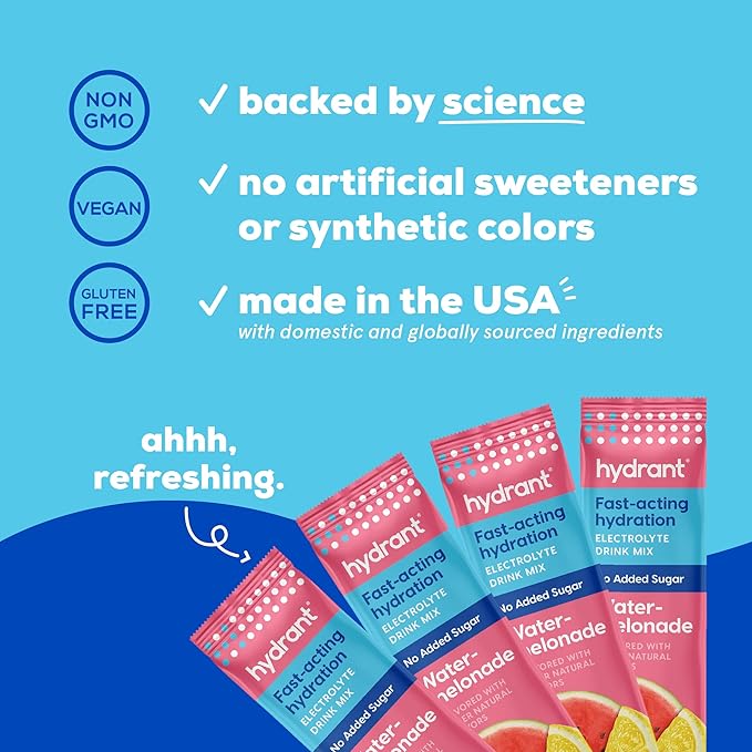 Hydrant - Hydration Powder, Watermelonade Flavor, 30 Individual Sugar-Free Instant Electrolyte Rehydration Packets - Zero Sugar Drink Mix for Daily Use, Travel & Workouts