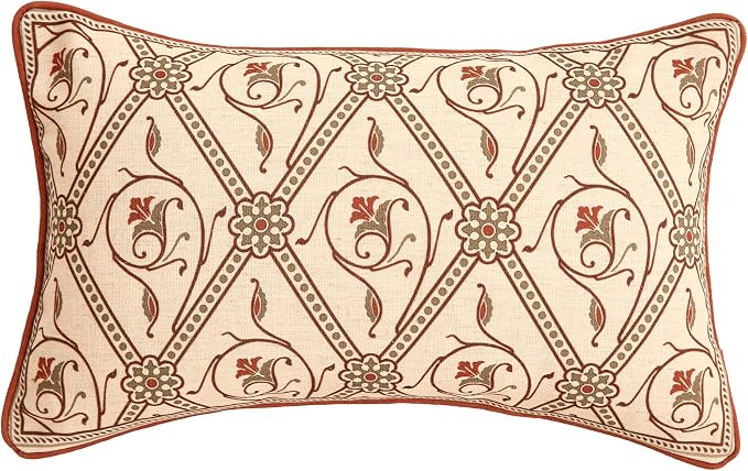 Designer Vintage French Linen Throw Pillow Cover,20"x12"-Albano D | Elegant Rectangle Pillow Cover,Concealed Zipper Design,Floral Pattern,Sofas,Bedroom,Living Room,Lounge Chairs,Decor
