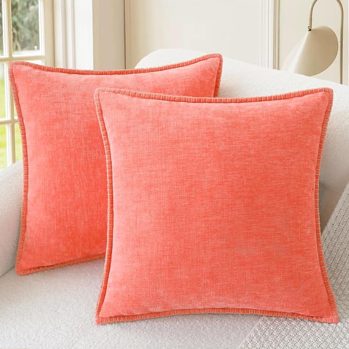 CaliTime Decorative Couch Throw Pillow Covers 20 X 20 Inches Living Coral | Pack of 2, Cozy Chenille Cushion Cases, Cotton Thread Stitching Edges, for Sofa Bed Living Room Farmhouse