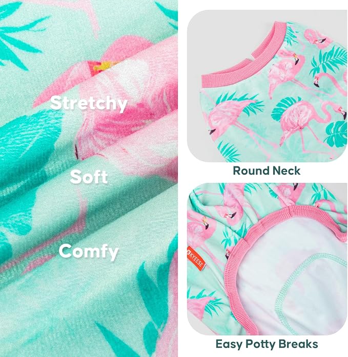 KYEESE Velvet Dog Pajamas for Small Dogs Soft Onesie Shirt, Flamingo | 4-Way Stretch, Lightweight & Breathable, Reduces Shedding, Gentle on Sensitive Skin, Recovery Support, Easy Potty Breaks