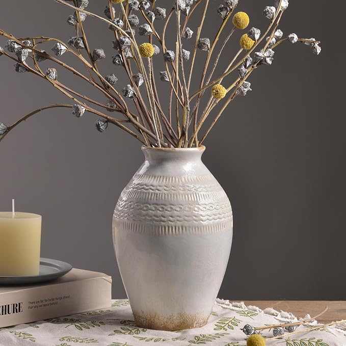 9.3 Inch Ceramic Rustic Flower Vase, White Boho Framhouse Vases Home Decor