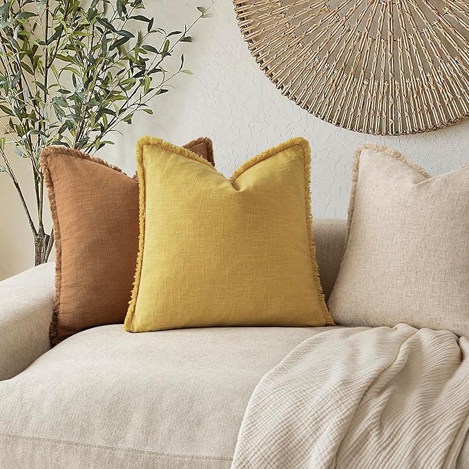 Foindtower Set of 2 Decorative Linen Fringe Lumbar Throw Pillow Covers Boho Farmhouse Cushion Cover with Tassels Soft Accent Pillowcase for Couch Sofa Living Room Home Decor,12×20 Inch,Ginger Yellow