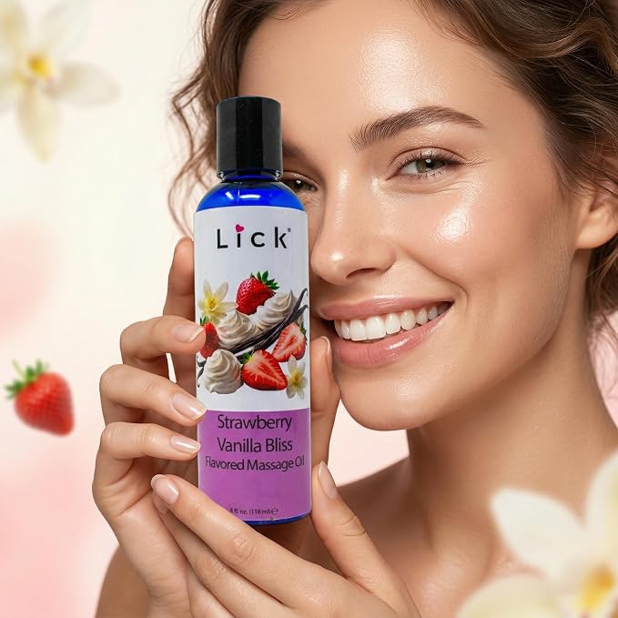 Lick Strawberry Vanilla Bliss Flavored Massage Oil – Sweet Tropical Edible Massage Oil with Vitamin E, Smooth Body-Safe Glide for Couples Massage & Sensory Date Nights, 4 oz