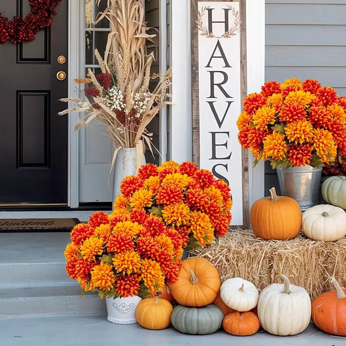 4 Bundles Large Artificial Fall Flowers Faux Mums for Outdoor Planters | Silk Fake Chrysanthemums Bouquet for Home Vase Outside Front Porch Table Floral Arrangement Wedding Autumn Decor