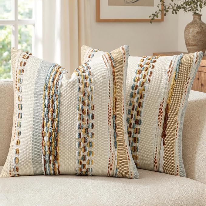 ANRODUO Boho Decorative Throw Pillow Covers 20x20 Inch Rust Blue Pack of 2 | Throw Pillow Covers, Farmhouse Cushion Case, Chenille Pillow Cases, Pillow Covers, Accent Neutral Pillowcase for Sofa Couch