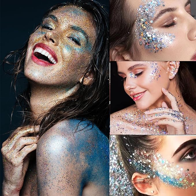 12 Vibrant Shades Face & Body Glitter Gel Set - Long Lasting Cosmetic Glitter for Festival Makeup, Hair Sparkles, Carnival Parties - Waterproof Non-Irritating