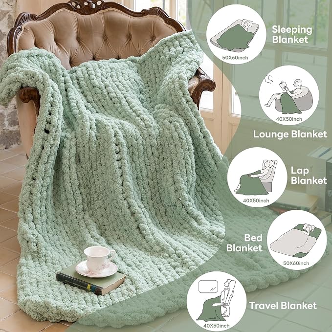Chunky Knit Blanket - Luxury Soft Cozy 60 * 80 Throw Blanket,100% Woven Blanket Rope Knot Throw Blanket for Couch, Sofa, Home Decor, Gift - Machine Washable (Sage Green, 60 * 80)