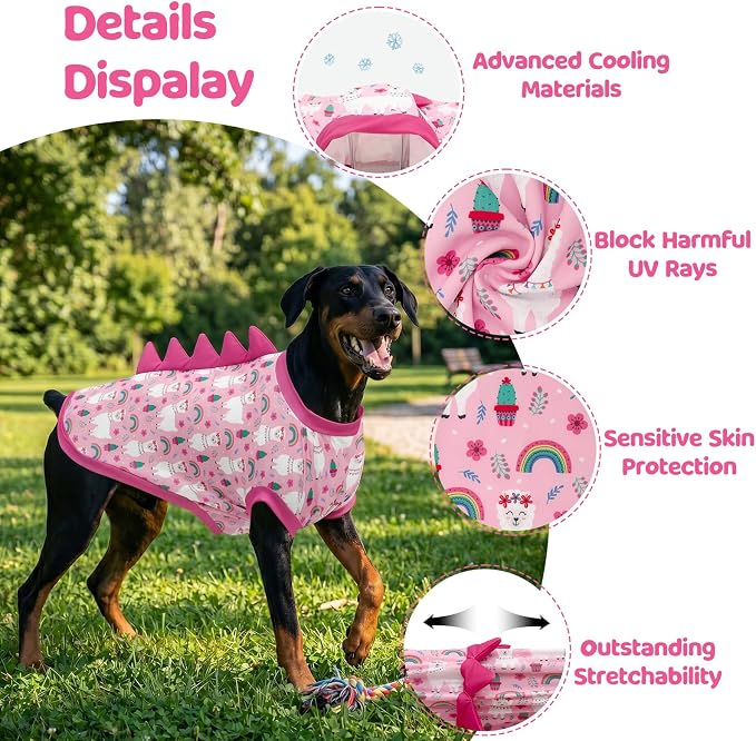 UPF 50+ Sun Protection Dog Shirt - Sleeveless Cooling Vest for Medium Dogs Girl, Quick-Dry Pet T-Shirt with Funny Dinosaur Horns, UV Protective Breathable Dog Clothes U-COSBX09M