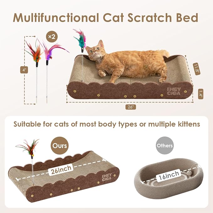 EHEYCIGA 26'' Large Cardboard Cat Scratcher Bed with 2 Cat Teaser Toy | Extra Large Fun Zone, Orthopedic Cat Couch Scratcher for Indoor Cats, Durable Cat Scratching Board, Easy Install