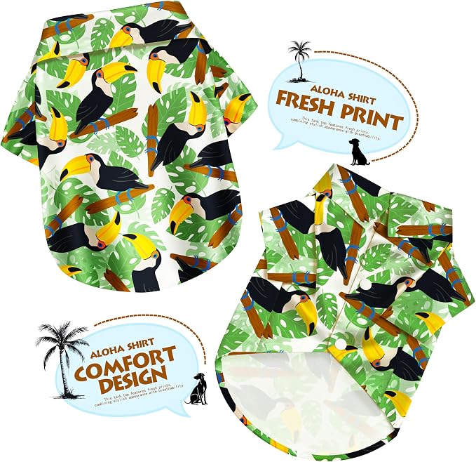 Toucan Hawaii Style Pet Dog T-Shirt, Four-Way Stretch Breathable Light Cool Summer Shirts, Casual Beach Seaside Daily Clothes for Small Size Puppy.Green L