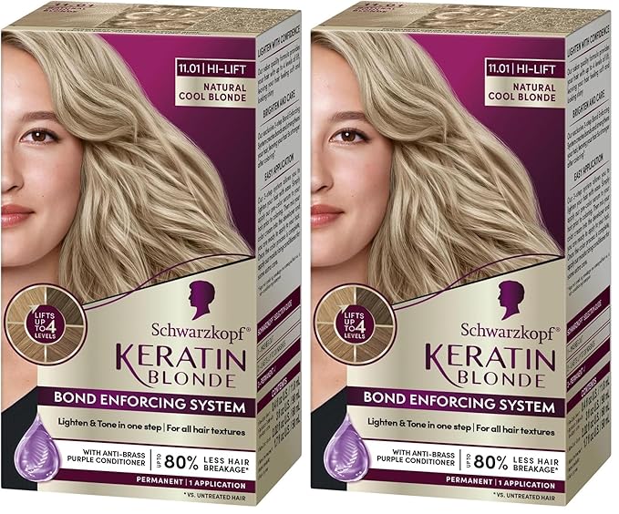 Schwarzkopf Keratin Blonde Hair Dye, 11.01 Hight Lift Natural Cool Blonde, Professional Quality Permanent Hair Color, Bond Enforcing System Helps Prevent Breakage* (Pack of 2)