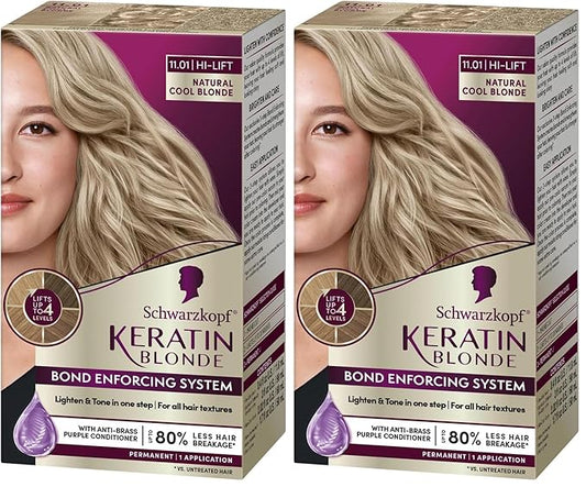 Schwarzkopf Keratin Blonde Hair Dye, 11.01 Hight Lift Natural Cool Blonde, Professional Quality Permanent Hair Color, Bond Enforcing System Helps Prevent Breakage* (Pack of 2)
