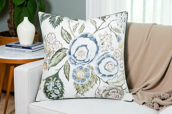Blue Rose Floral Print 20x20 Throw Pillow Cover | Blue rose floral bouquet on off-white slub, green piping; both sides printed; hidden zip; cover only