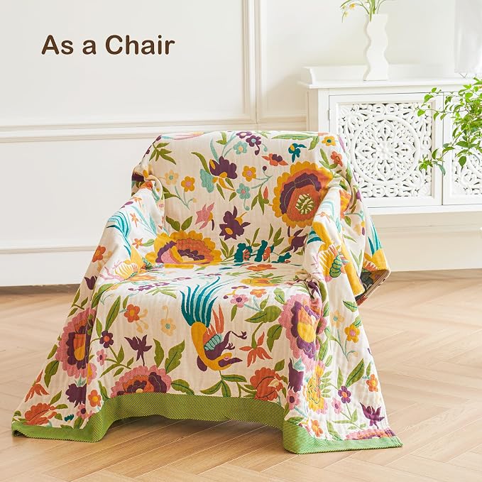 VANJOROY Boho Throw Blanket 50" x 60", 100% Organic Cotton Skin-Friendly Soft Bed Quilt Throw - All Season Floral Rustic Farmhouse Decor Luxury Blanket for Sofa Couch Chair and Gift.