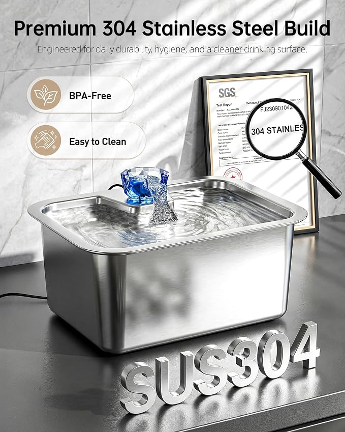 2.56Gal Large Dog Water Fountain Dispenser, 10L Stainless Steel Pet Fountain with 6 Filters, Corded Ultra Quiet Automatic Dog Water Bowl for Large and Multi-Pet Homes, 12 x 8.7 in Drinking Area