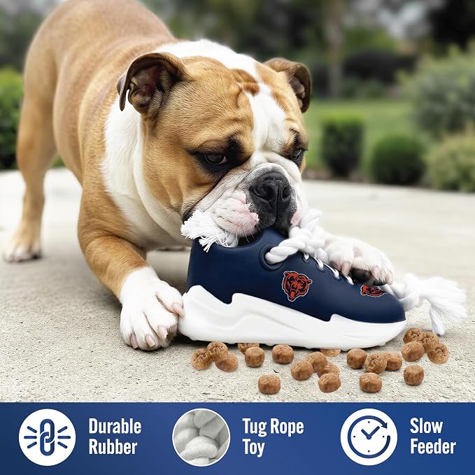 Pets First NFL Chicago Bears Cleat Sneaker Spike Dog Toy, Football Treat Dispenser Chew Toy for Dogs, Interactive Rope Tug Toy, Slow Feeder Natural Rubber Dog Toy with Official Team Logo